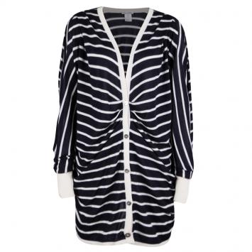 مملوكة مسبقًا Oscar De La Renta Navy Blue and White Striped Oversized Cardigan L