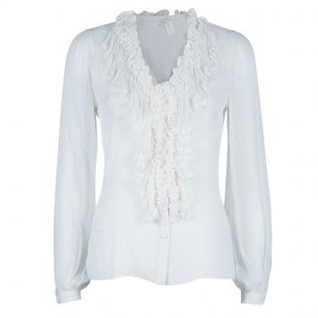 Pre Owned Oscar de la Renta White Crinkle Chiffon Top S