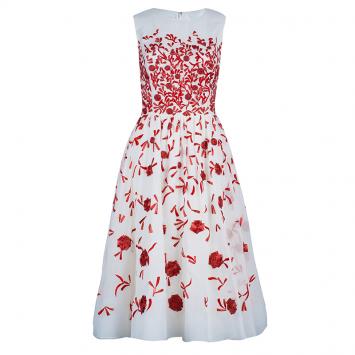 Pre Owned Oscar De La Renta White Organza Embellished Dress S