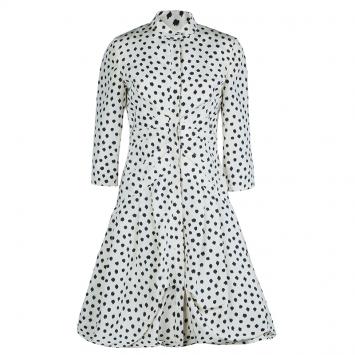 Pre Owned Oscar De La Renta Cream Silk Polka-Dotted Dress Coat M