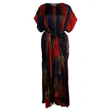Pre Owned Oscar De La Renta Pleated Silk Belted Maxi Dress M