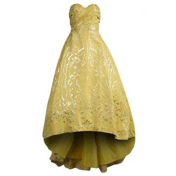 Pre Owned Oscar de la Renta Yellow Lurex Jacquard Strapless High Low Gown S
