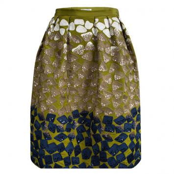 Pre Owned Oscar De La Renta Green Silk Sequin Embellished Embroidered Pleat Detail Skirt M