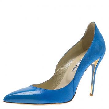 Pre Owned Oscar De La Renta Blue Leather and Suede Sabrina Pointed Toe Pumps Size 39