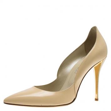 Pre Owned Oscar De La Renta Beige Patent Sabrina Pointed Toe Pumps Size 40
