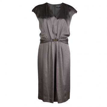 Pre Owned Paule Ka Olive Green Satin Buckle Detail Cap Sleeve Dress L