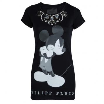 Pre Owned Philipp Plein Couture Black Jersey Disney Print Embellished T-Shirt XS
