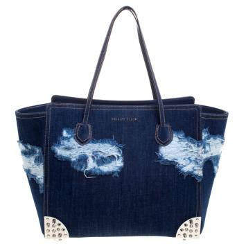 Pre Owned Philipp Plein Blue Denim Skully Shopper Tote
