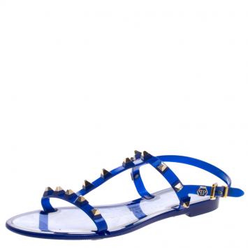 Pre Owned Philipp Plein Blue Studded Rubber T Strap Flat Sandals Size 38