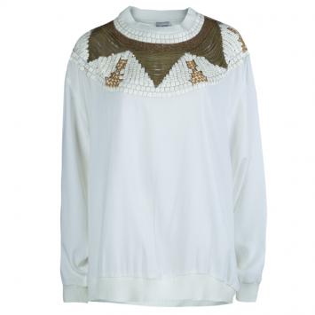 Pre Owned Philosophy Cream Embellished Long Sleeve Crew Neck Blouse M