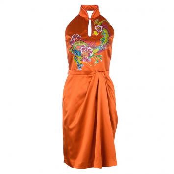 Pre Owned Philosophy Di Alberta Ferretti Orange Silk Oriental Print Halter Dress S