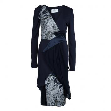 Pre Owned Prabal Gurung Navy Blue Brocade Detail Dress M