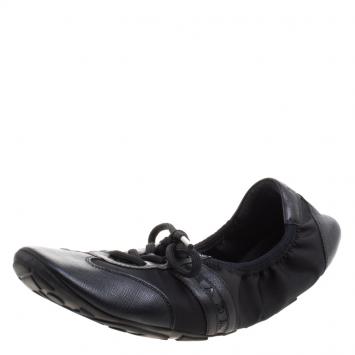 Pre Owned Prada Sport Black Leather And Fabric Scrunch Lace Up Sneakers Size 38.5