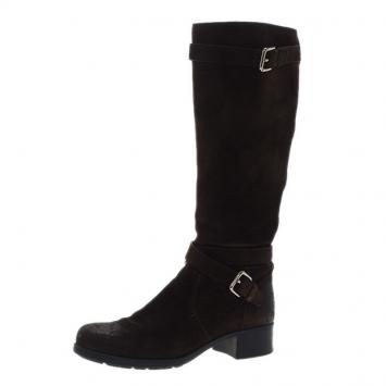 مملوكة مسبقًا Prada Sport Brown Suede and Leather Double Buckle Knee Boots Size 37