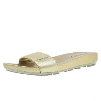 Pre Owned Prada Sport Gold Saffiano Leather Slides Size 38