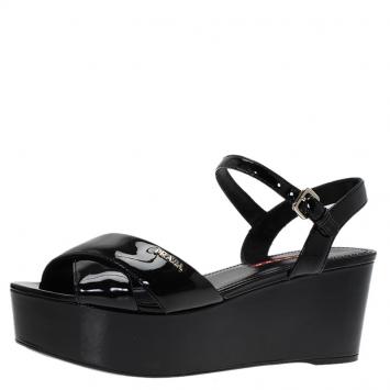 Pre Owned Prada Sport Black Patent Cross Strap Platform Sandals Size 38