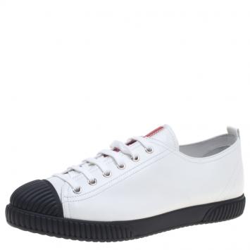 مملوكة مسبقًا Prada Sport White Leather Cap Toe Lace Up Sneakers Size 41
