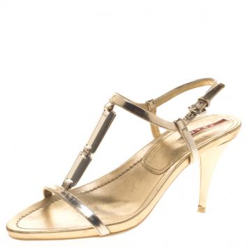 Pre Owned Prada Sport Gold Metallic Leather T Strap Sandals Size 37.5