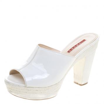 Pre Owned Prada Sport White Patent Leather Espadrille Platform Clogs Size 37