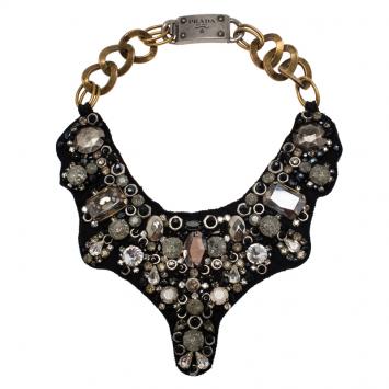 Pre Owned Prada Black and Charcoal Crystal and Beads Bib Necklace