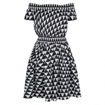 Pre Owned Prada Brown and White Geometric Print Off Shoulder Cotton Dress L