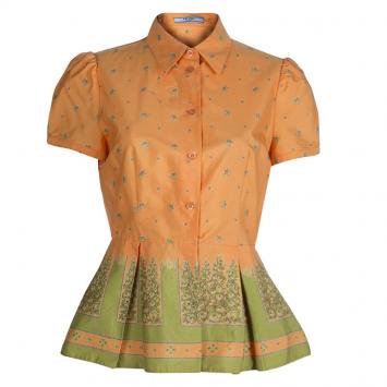 Pre Owned Prada Orange Floral Printed Box Pleat Detail Short Sleeve Shirt M