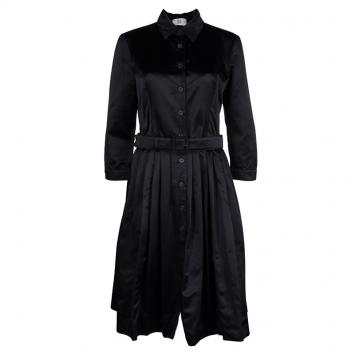 Pre Owned Prada Black Silk Pleated Button Down Belted Dress M