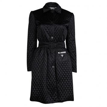 Pre Owned Prada Black Quilted Nylon Belted Trench Coat S