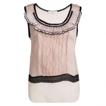 Pre Owned Prada Pink Crinkled Silk Feather Embellished Sleeveless Top L