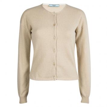 Pre Owned Prada Beige Contrast Piping Detail Long Sleeve Button Front Cardigan S