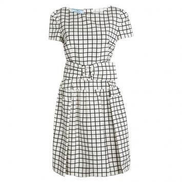Pre Owned Prada Monochrome Checked Silk Belted Dress M
