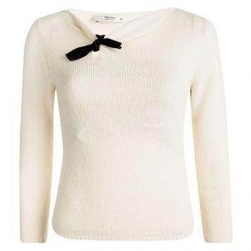 Pre Owned Prada Cream Contrast Bow Detail Sweater S