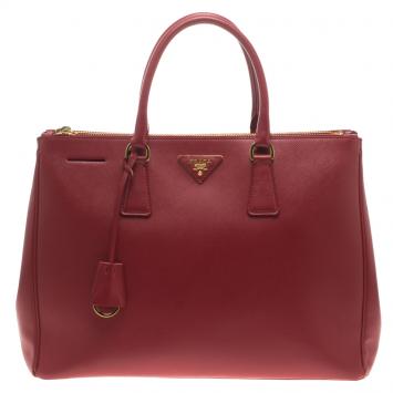 Pre Owned Prada Red Saffiano Lux Leather Large Double Zip Tote