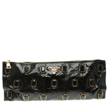 Pre Owned Prada Black Python Whips Pietre Clutch