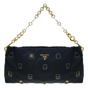 Pre Owned Prada Black Satin Jewel Gem Clutch
