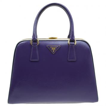 Pre Owned Prada Purple/Cream Saffiano Lux Leather Frame Top Handle Bag