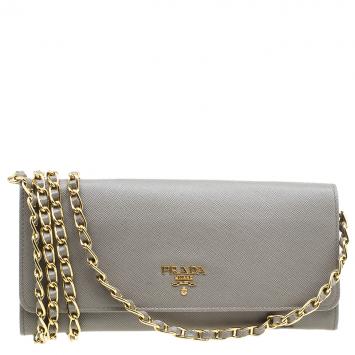 Pre Owned Prada Argilla Saffiano Metal Leather Wallet on Chain Clutch