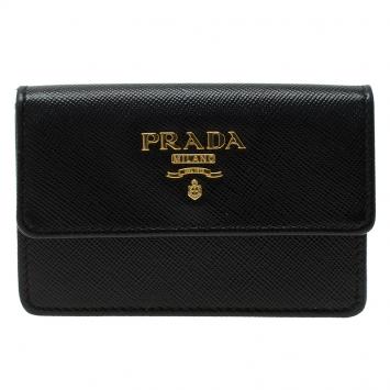 Pre Owned Prada Black Saffiano Leather Flap Card Holder 