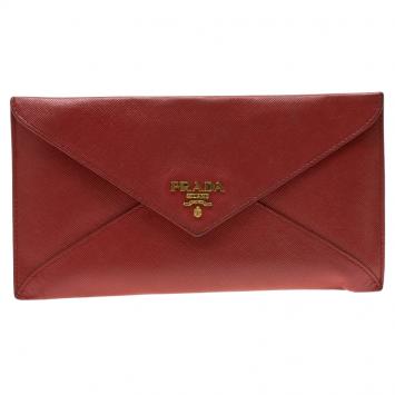 Pre Owned Prada Red Saffiano Leather Envelope Wallet