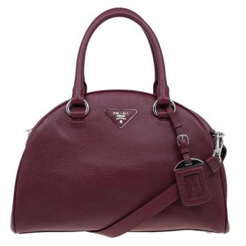 Pre Owned Prada Burgundy Vitello Daino Leather Bowling Bag