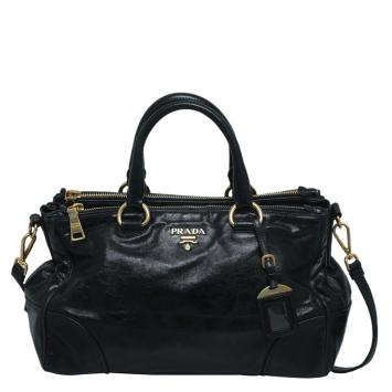 Pre Owned Prada Black Glazed Leather Double Zip Top Handle Bag