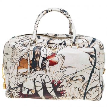 Pre Owned Prada Beige Astro Cervo Lux Leather Limited Edition Print Fairy Bag 