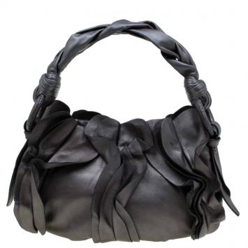 Pre Owned Prada Metallic Grey Leather Small Ruffle Hobo