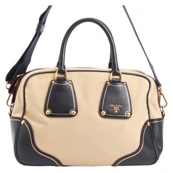 Pre Owned Prada Bicolor Canvas and Leather Trim Bowler Bag