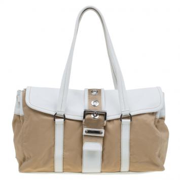 Pre Owned Prada Beige/White Nylon and Leather Satchel