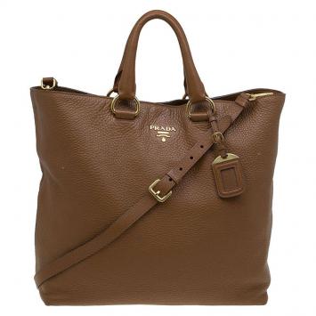 Pre Owned Prada Brown Vitello Daino Leather Shopper Tote