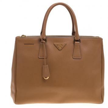 Pre Owned Prada Brown Saffiano Lux Leather Large Double Zip Tote