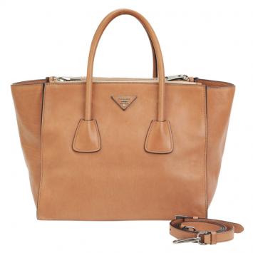 Pre Owned Prada Brown Glace Calf Leather Twin Pocket Double Handle Tote