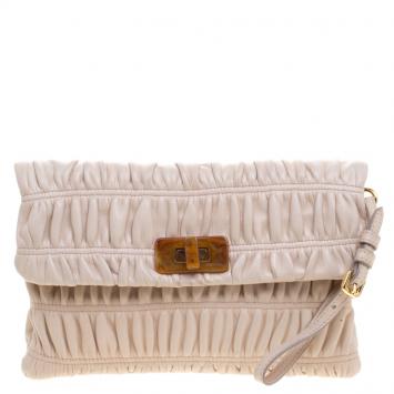 Pre Owned Prada Beige Leather Gaufre Wristlet Clutch