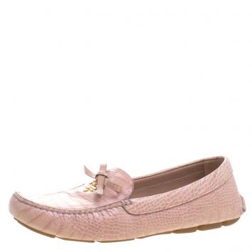 Pre Owned Prada Blush Pink Alligator Embossed Leather Bow Loafers Size 40